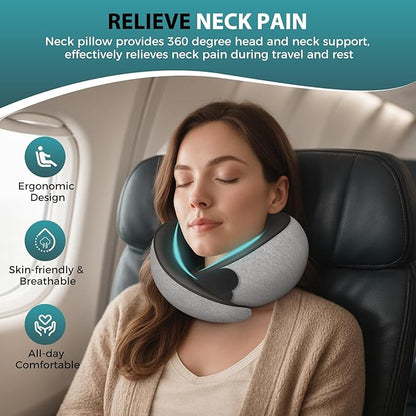 Travel Neck Pillows for Airplanes - 360° Ergonomic Memory Foam Travel Pillow - Relief Neck Pain with Breathable Support for Long Flights, Car, Train & Office Use - Adults & Kids
