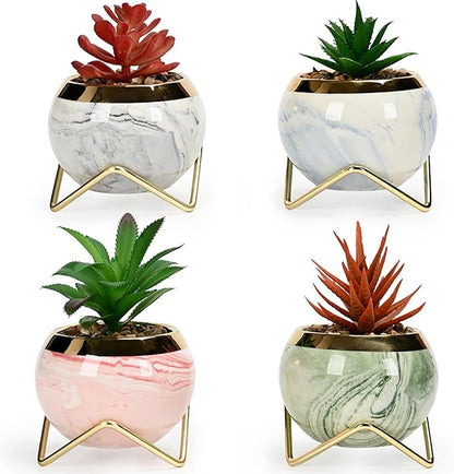 Simcat Succulent Pots with Drainage and Stands Mini Ceramic Flower Pot 4 Cactus Planter Pots Modern Round Succulent Plant Pots for Home Office Desktop Windowsill Décor (Patterned,4)