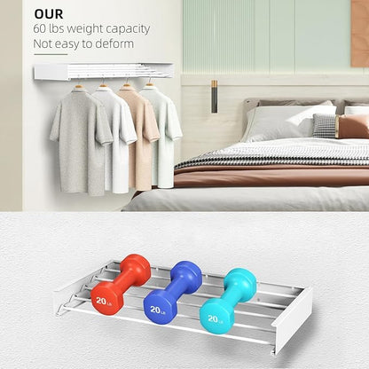 Laundry Drying Rack, Collapsible Wall Mounted Clothes Drying Rack - Drying Rack Clothing Foldable,Space Saving, 31.5" Wide, 13.2 Linear Ft, 5 Aluminum Rods, 60 lb Capacity (White, 23.6")