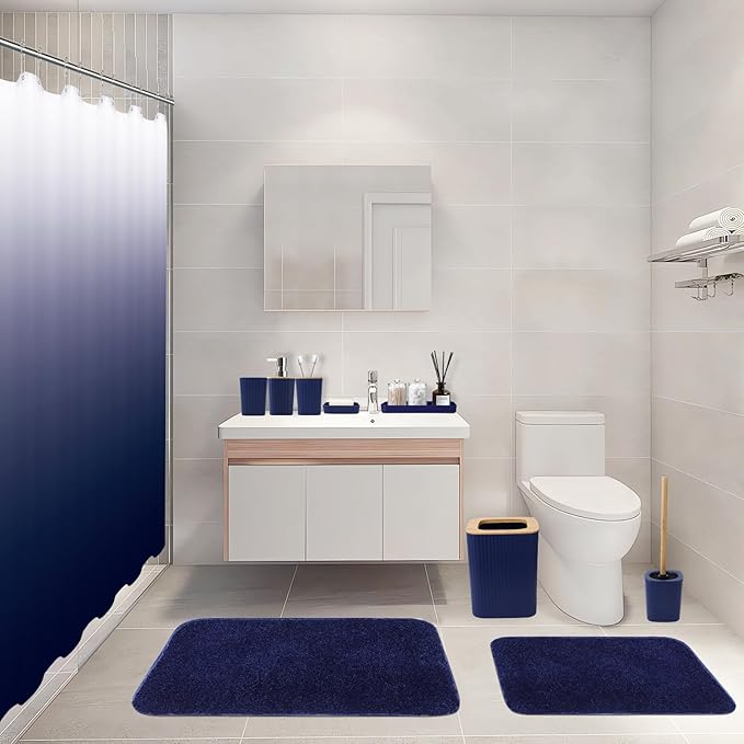 Bathroom Accessory Set–Bathroom Sets with Shower Curtain and Rugs, No Slip Bathroom Rugs Super Absorbent, Blue Ombre Water-Proof Shower Curtain with Hooks, Blue Bathroom Sets Complete for Home