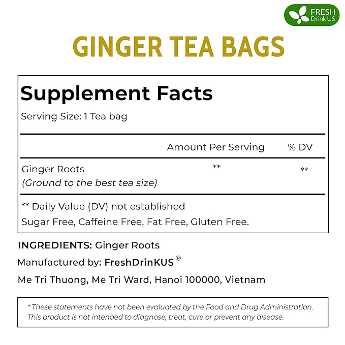 FreshDrinkUS, 150 Premium Ginger Tea Bags, Non GMO, 100% Natural & Pure from Ginger Root, Root Herbal Tea. No Sugar, No Caffeine, No Gluten, Vegan. Support Stronger Digestion, Pleasantly Spicy & Warming
