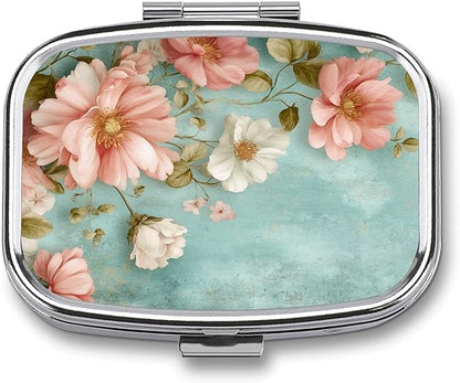Metal 2 Compartment Pill Organizer Travel Friendly Portable Compact Pill Box Cute Pill Case,for Pocket Wallets Daily Portable Medicine Vitamin Tablet Storage (Flowers)