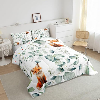 Erosebridal Girls Cartoon Animal Queen Size Comforter Set for Kids Toddler Kawaii Fox Bedding Set, Woodland Wildlife Down Comforter Jungle Wild Fox Bed Set, Botanical Green Eucalyptus Quilted Duvet