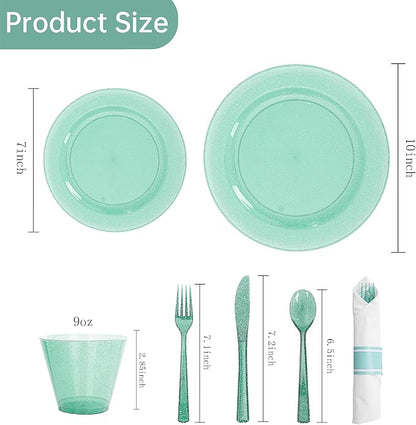 DaYammi 210PCS Green Glitter Plastic Dinnerware Set for 30 Guests, Fancy Disposable Plates for Party, Include: 30 Dinner Plates, 30 Dessert Plates, 30 Pre Rolled Napkins and 30 Cups