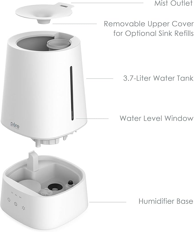 Pure Enrichment HUME Max - Easy Top-Fill Ultrasonic Cool Mist Humidifier, 3.7-L (1 Gallon) Water Tank, 3 Mist Settings, & Auto Shut-Off Timer - Ideal for Large Bedrooms, Nurseries & Dry Areas (White)
