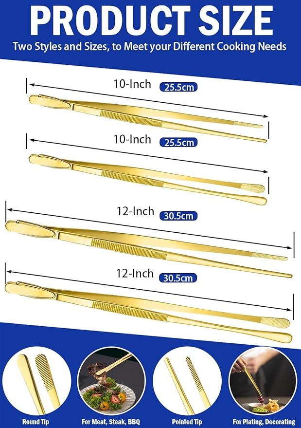 JETKONG 4 Pcs Kitchen Tweezers, 12'' and 10'' Stainless Steel Cooking Tweezers Set, High-Precision Tweezers Tongs for Cooking, Repairing, Seafood and BBQ (Gold)