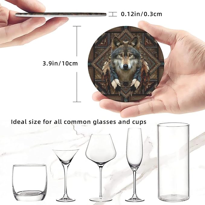 6 Pack Native American Wolf Feathers Leather Coasters