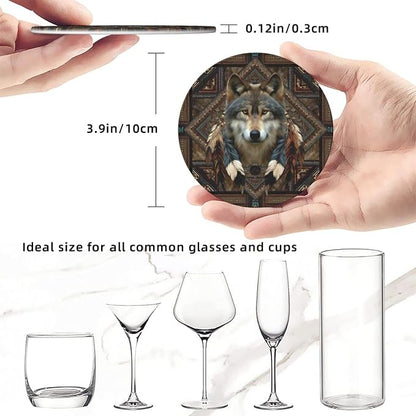 6 Pack Native American Wolf Feathers Leather Coasters