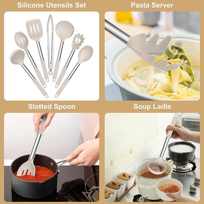 E-far Silicone Cooking Utensils Set, 7 Pcs Heat Resistant Kitchen Utensils with Stainless Steel Handle, Slotted Turner, Spoon, Soup Ladle, Pasta Server, Skimmer, Tongs for Nonstick Cookware, Khaki