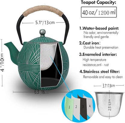 Enameled Cast Iron Teapot 34oz（1000ml） - Japanese Style Kettle with Removable Stainless Infuser & Ergonomic Handle, Stovetop Safe for Loose Leaf Tea Green and silver (Green and silver)