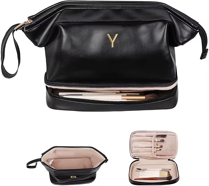 Travel Essentials for Friends Female Mom, Personalized Makeup Bag, Double Layer Cosmetic Bag with Makeup Brush Organizer, Waterproof, Large Capacity PU Leather Toiletry Bag Customized Gifts