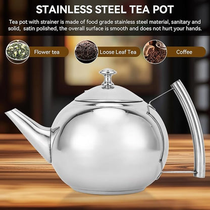 Stainless Steel Tea Pot with Infuser, Tea Pot with Removable Infuser For Loose Leaf and Tea Bags Metal Tea Kettle with Filter Stovetop Tea Maker Brewing Loose Leaves and Tea Bags (1L)