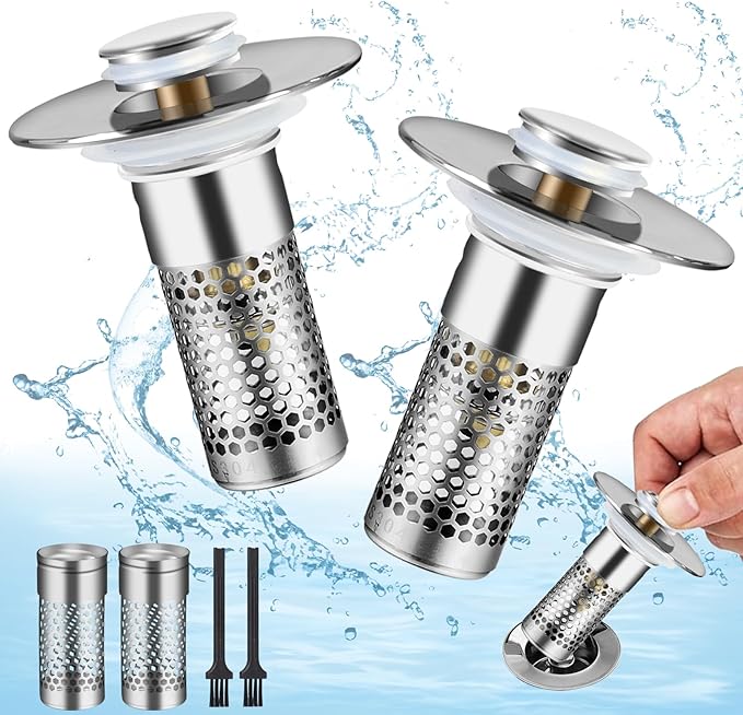 2 Pcs Universal 2-in-1 Sink Stop&Drain Strainer-Upgraded Pop-Up Design Sink Drain Plug Strainer with Stainless Steel Anti-Pooling Basket and Cleaning Brush for U.S. 1.1-1.6 Inch Drain Holes