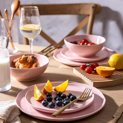 LERATIO Ceramic Dinnerware Sets for 4,Porcelain Plates and Bowls Sets with Wavy Edge,Microwave & Dishwasher & Oven Safe,Light Weight & Scratch Resistant Dishes Sets-Service for 4 (12pcs)-Pink