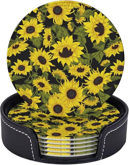 Drink Coasters with Holder Stand Set of 6, Sunflower Pu Leather Absorbent