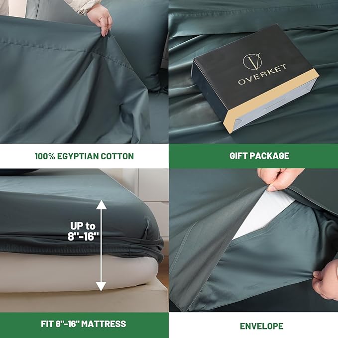 Egyptian Cotton Sheets Full Size 4PCS 1000 Thread Count Sateen Weave Soft Breathable 16-Inch Deep Pocket （Full,Lake Blue）