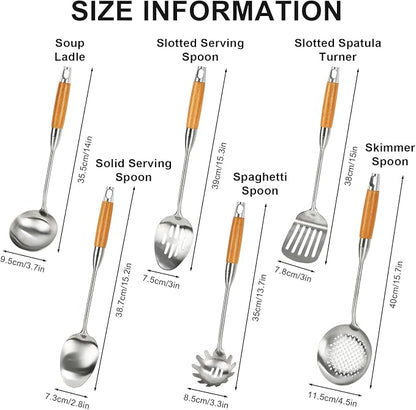 18/8 Stainless Steel Kitchen Utensils Set with Wood Handle, 6 Pcs 15 inch Cooking Utensils Tools, Turner, Ladle, Spoons & Pasta Server