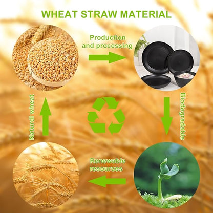 LIYH 48 Pcs Black Wheat Straw Plates and Bowls Dinnerware Set Camping Dish Set for 12, Plastic Plates and Bowls, Dishwasher Safe Dinnerware Sets, Unbreakable Plastic Camper Dishes Sets