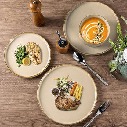 GBHOME Ceramic Dinnerware Sets for 4, 12 Pieces Stoneware Plates and Bowls Sets, Reactive Glaze Dishes -Scratch Resistant, Dishwasher&Microwave Safe-Warm Sand