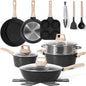 17 Pcs Pots and Pans Set Non Stick Kitchen Cookware Sets Nonstick Induction Cookware Non-toxic Black Granite Cooking Tools with Stay-Cool Handles, Pot Protectors (PFOS/PFOA Free)