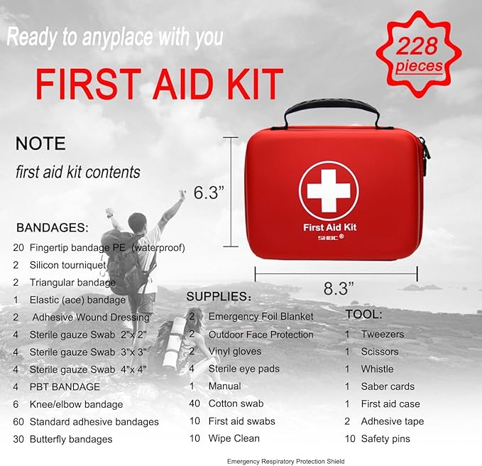 Compact First Aid Kit (228pcs) Designed for Family Emergency Care. Waterproof EVA Case and Bag is Ideal for The Car, Home, Boat, School, Camping, Hiking, Office, Sports. Protect Your Loved Ones. Red
