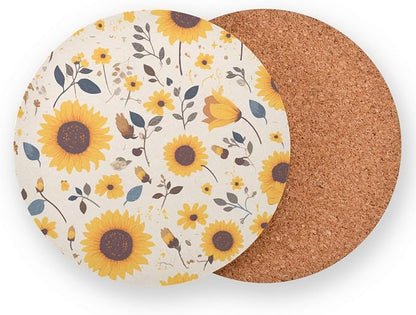 Sunflower Cow Leather Skin Brown Pattern Round Coasters
