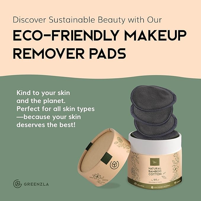 Greenzla Reusable Makeup Remover Pads - 20 Pack Organic Dark Charcoal Bamboo Cotton Pads with Mesh Laundry Bag, Cotton Travel Pouch, & Cotton Rounds Holder, Sustainable Face Wipes for All Skin Types