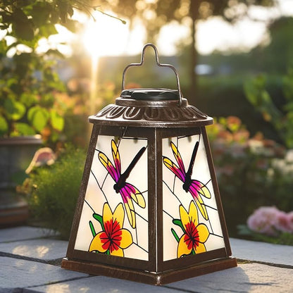 Dragonfly Solar Lantern with Shepherd Hook, Outdoor Hanging Metal LED Garden Light Waterproof for Patio Yard Pathway, Vintage Dragonfly Lantern Decor and Thoughtful Garden Gift for Mom Grandma Women