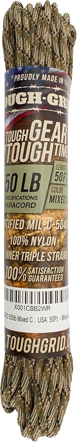 TOUGH-GRID 550 Paracord Rope Nylon Parachute Cord, Made in USA Survival Kit, Outdoor Adventures, Camping, Tactical Gear & Emergency Supplies, Military Type III Mil-Spec