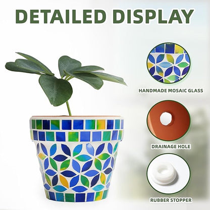 VOREEN 4.2 Inch Mosaic Terracotta Plant Pot, Handmade Flower Pots with Drainage, Handmade Indoor/Outdoor Decorative Planter for Succulents, Home & Garden Decor, Gift for Mom Wife Friend