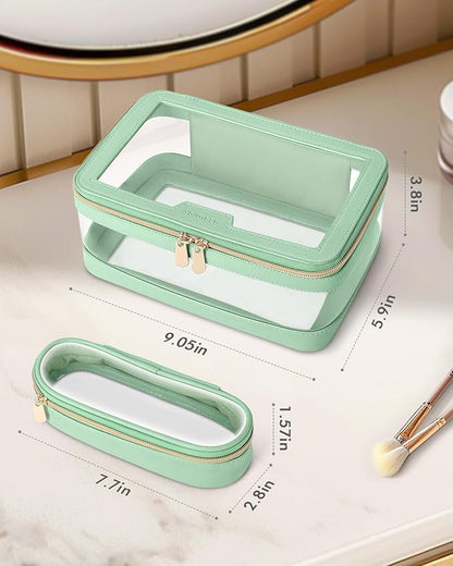 Travel Clear Makeup Bag with Makeup Brush Bag, Leather Makeup Case Toiletry Bag, Portable Cosmetic Bag Case, Transparent Waterproof Cosmetic Organizer Storage Bag for Women, Mint Green