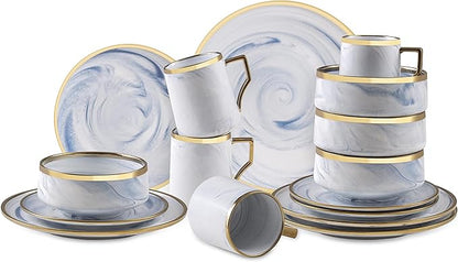 Fine China Artisan Marbled 16pc Dinner Set, Blue with Gold