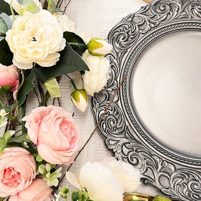 Antique Silver Charger Plates Embossed Rim, 13 Inch Dinner Plate Chargers Round