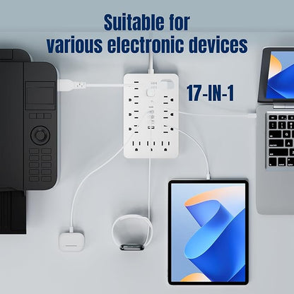 20 FT Flat Plug Surge Protector Power Strip,11 Multiple AC Outlets with 6 USB Ports (2 USB C), 20 Feet Extension Cord, 1250W/10A, One Touch Switch Button, White
