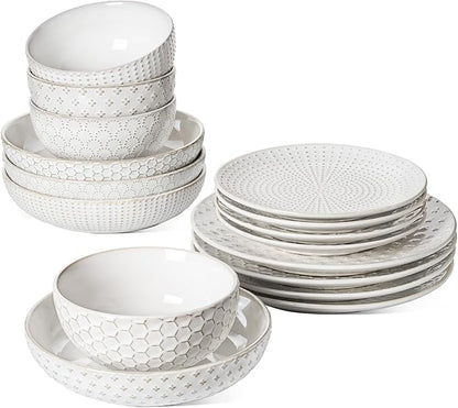 LE TAUCI Dinnerware Sets 16 PCS, Ceramic Plates and Bowls Set, Suit For House Warming Wedding, Serve for 4 (10" Dinner Plates + 8" Salad Dish + 22 oz Cereal Bowl+32 oz Pasta Bowls) x 4, Arctic White