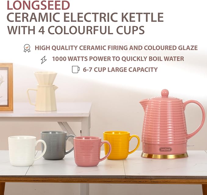 1.2 Liters Ceramic Electric Kettle with Infuser & Mug Set,1000W Fast Boil Water for Tea Coffee, Teapot with Boil-Dry Protection Auto Shut Off, Detachable Swivel Base