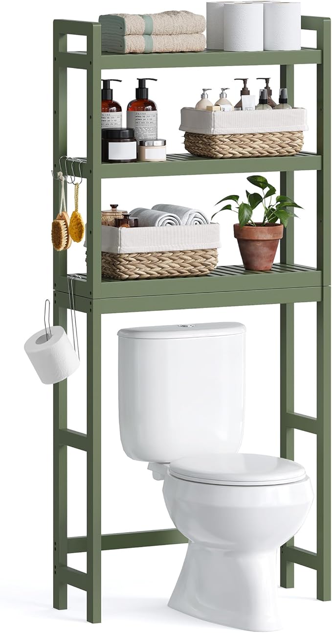 SONGMICS Over The Toilet Storage, 3-Tier Over Toilet Bathroom Organizer with Adjustable Shelf, 10.2 x 24.8 x 66.9 Inches, Space-Saving, Forest Green UBTS001C01
