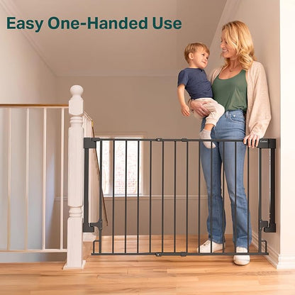 Cumbor 29.2–43" Baby Gate for Stairs, Wall-Mounted (Drill Required), Expandable No Bottom Bar Dog Gate, Auto Close Extra Wide Walk Thru, Pet & Toddler Proof Gate, Top & Bottom of Stairways(Black)