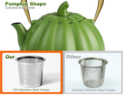 VICSKY Pumpkin Cast Iron Teapot (40 oz/1200 ml), Cute Natural Pumpkin Shape, Cast Iron Tea Kettle with Enamel Coated for Loose Tea Leaf, Stovetop Safe(Light Green)