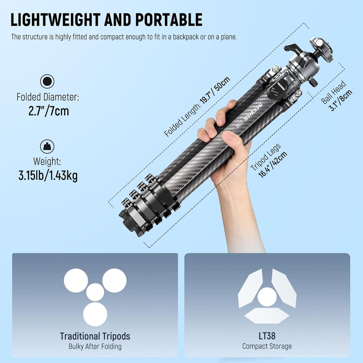 NEEWER LITETRIP LT38 61" Travel Tripod Carbon Fiber for Camera, 360° Pan Tilt Low Profile Ball Head, Flexible Center Axis, Arca QR Plate Compatible with Peak Design Tripod Clip V3, Max Load 22lb