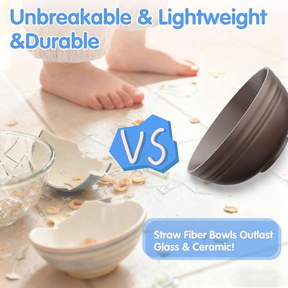 Quatish 16 PCS Unbreakable Cereal Bowls,Dishwasher & Microwave Safe Wheat Straw Bowls, Easy-to-Clean Lightweight Snack & Soup Bowl,Multi-Color Portable for Picnics Plastic Bowls Set, Brown