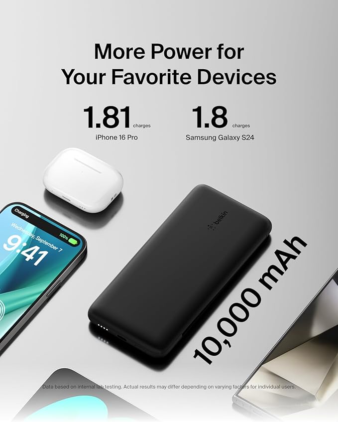Belkin Portable Charger Power Bank for iPhone/Android - 10,000mAh, 23W Battery Pack for Phone with Integrated USB-C, Lightning Cables - Pass-Through Capability, Charge 2 Devices at Once