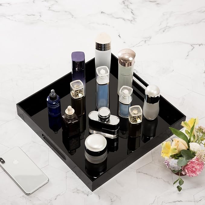 Glossy Black Acrylic Serving Tray - 14x14Inch, Multipurpose, Sturdy, Modern Style, Spill Proof, Countertop Organizer, Vanity Table Tray