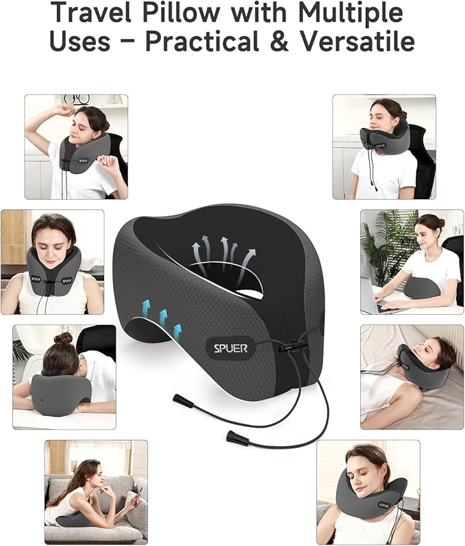 Travel Pillows for Airplanes, Neck Pillow Airplane, Airplane Travel Accessories with Eye Mask, Earplugs & Storage Bag, Ergonomic Memory Foam Neck Pillow for Sleeping, Flights, Cars (Dark Gray & Black)