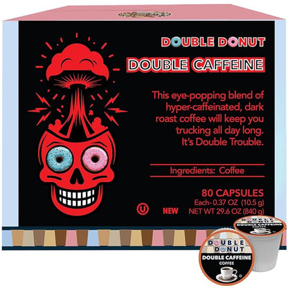 Double Donut Coffee High Caffeine Coffee Pods, Extra Strong Double Caffeine Coffee Cups for Keurig K Cup Brewer Machines Single Serve Dark Roast Coffee, 80 Count