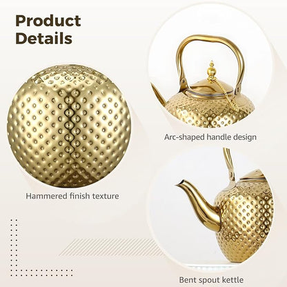 2000ml Tea Kettle, Stainless Steel Teapot with Infuser, Hammered Finish, Curved Spout, Decorative Water Kettle, Gold