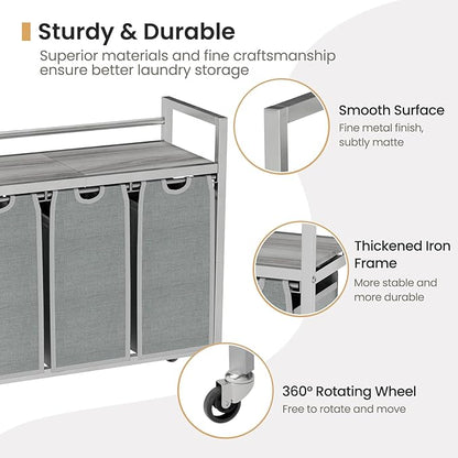 Laundry Hamper, Laundry Basket, Laundry Sorter with 3 Removable Bags, Clothes Basket with 3 Compartments, Wheels, Shelf for Laundry Room Bathroom Bedroom (3 Bags-Gray)