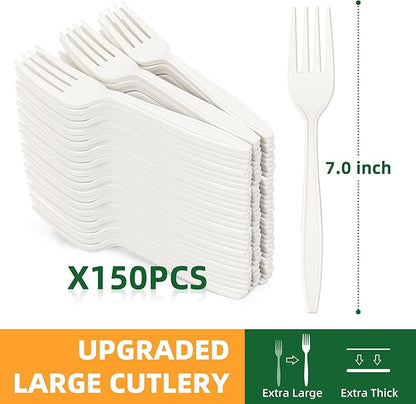 100% Compostable Fork, 7" 150pcs Disposable Cornstarch Forks Heavy Duty Cutlery BPI Certified Eco-Friendly Utensils Biodegradable Party Dinner Supplies No Plastic, Ivory White