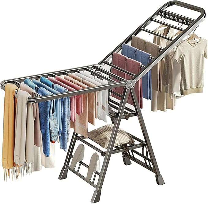 Mimiblack Heavy Duty Clothes Drying Rack Foldable with Wheels, 71'' Extra-Thick Metal Laundry Dryer Stand, 27 Rods Free-Standing for Indoor/Outdoor Windproof Use - Large Size