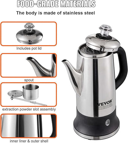 VEVOR 12-Cup Electric Percolator Coffee Pot, 304 Stainless Steel Body Coffee Percolator with Keep Warm Function & Heat-Resistant Handle, Classic Coffee Maker, Quick Brew & Easy-Pour Spout, Silver